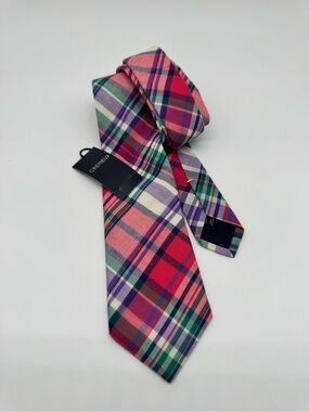 Cremieux Plaid Cotton Tie Made Italy Multicolor Pink Green Purple Preppy Necktie